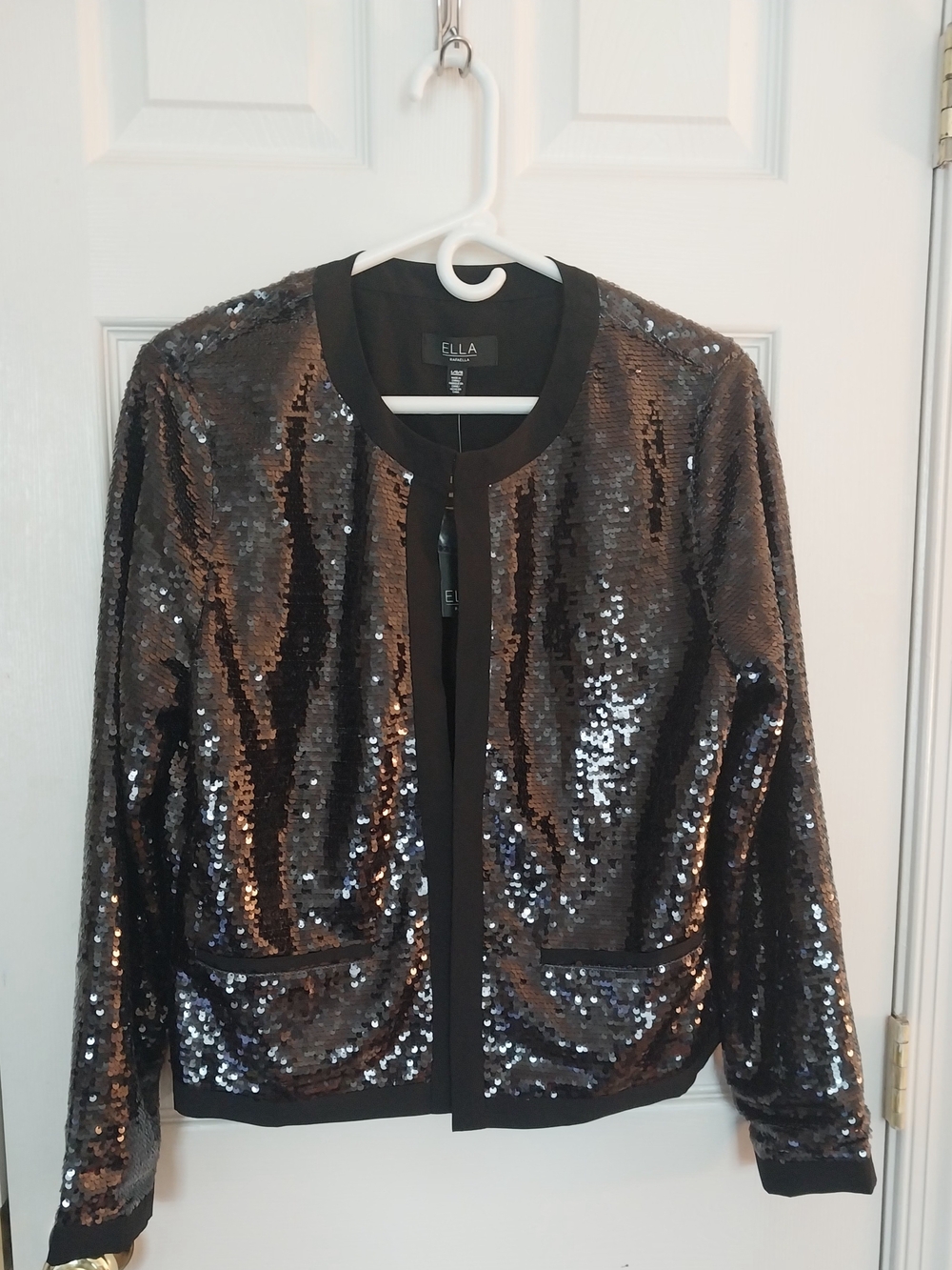 Ella by Rafaella Black Sequin Open Front Jacket - Size L NWT Chic Edgy Glamour